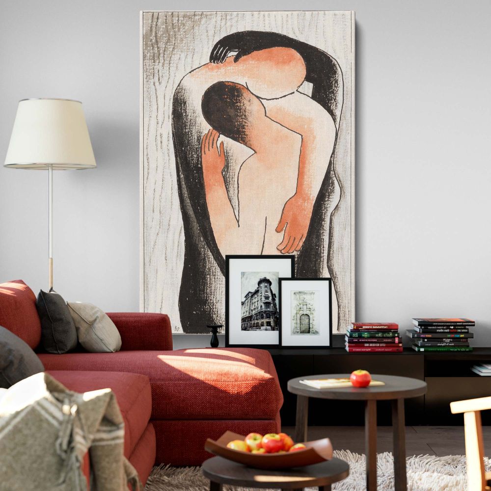 Canvas print of Embrace 1930 by Mikulas Galanda featuring a minimalist drawing of a couple embracing with clean lines, soft earthy tones, and contrasting shadow forms, perfect for adding emotional depth and modern artistic elegance to any wall decor.