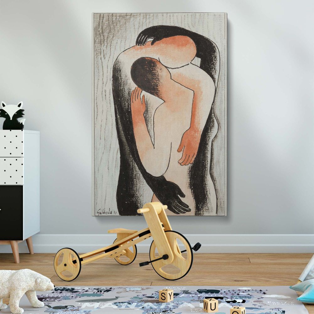 Embrace 1930 drawing by Mikulas Galanda reproduced on high-quality canvas, showcasing a tender moment of intimacy between a couple through minimalist forms, muted tones, and artistic simplicity for timeless and sophisticated wall decoration.