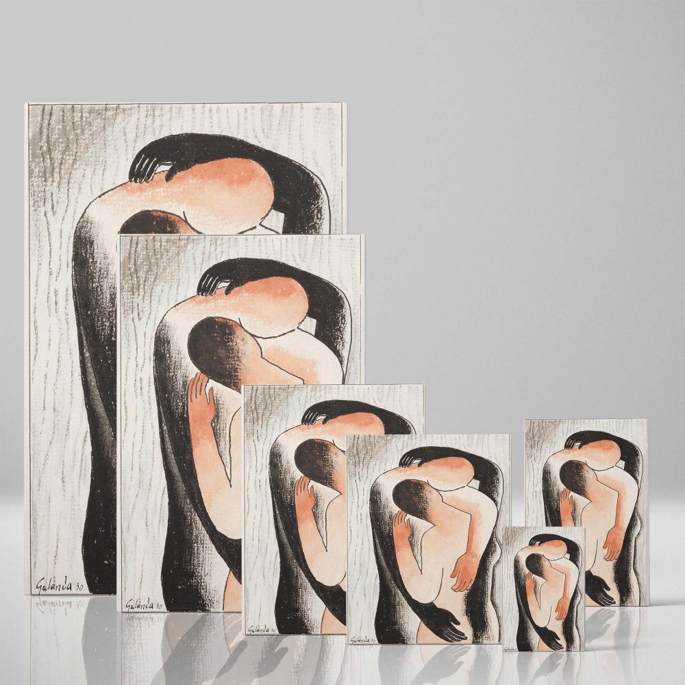 Artistic reproduction of Embrace 1930 by Mikulas Galanda on premium canvas, featuring minimalist aesthetics, contrasting tones, and a tender depiction of love, perfect for adding emotional sophistication to contemporary interiors.