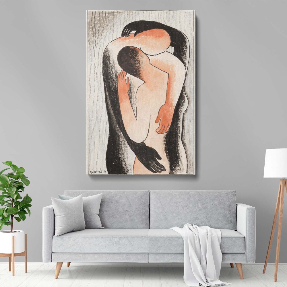 High-quality canvas print of Embrace 1930 by Mikulas Galanda showcasing a minimalist drawing of a couple in a tender embrace with earthy hues and shadow contrasts, ideal for elegant, understated, and emotional home or office wall decor.