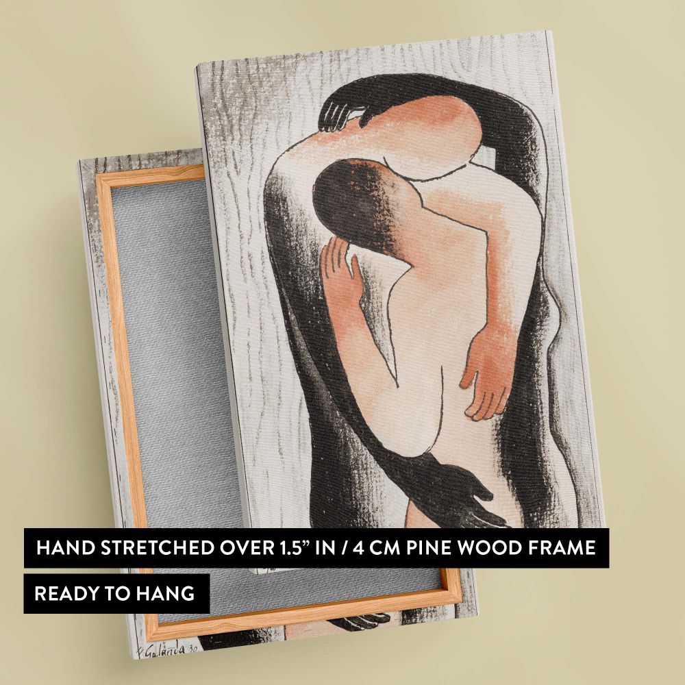 Embrace 1930 by Mikulas Galanda wall art canvas showing a minimalist and intimate depiction of a couple embracing, with soft muted tones and clean artistic lines, perfect for meaningful and modern wall decoration in any room.