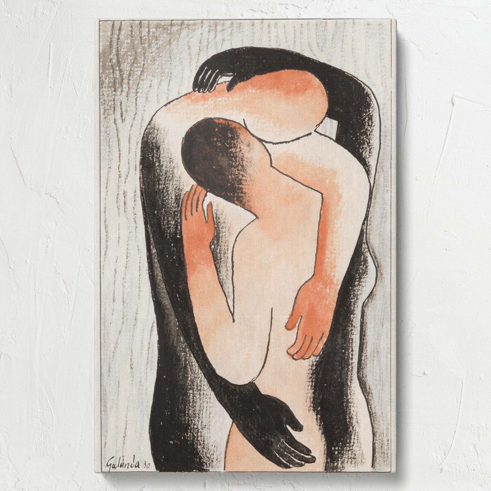 Wall canvas of Embrace 1930 by Mikulas Galanda illustrating a minimalist couple in an embrace, using simple forms and contrasting tones, creating an elegant piece of modernist art for timeless and meaningful wall decoration.