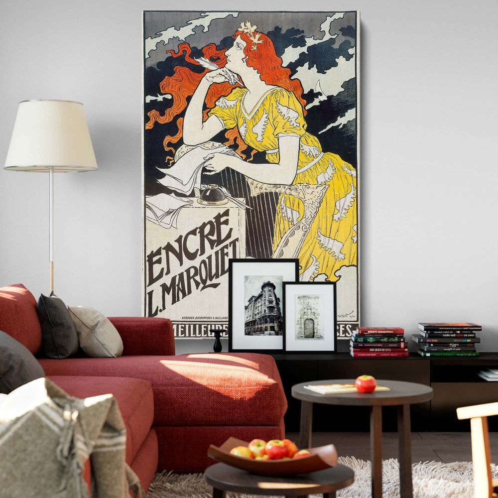 Encre L. Marquet vintage French advertisement poster by Eugene Samuel Grasset, featuring an elegant red-haired woman in a golden gown writing with a quill, ideal for classic art lovers and collectors of Art Nouveau canvas wall prints.