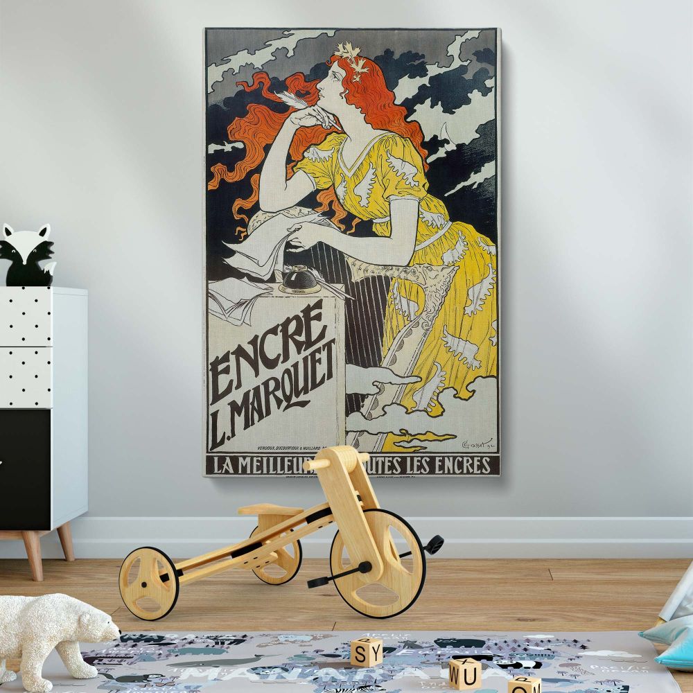 Elegant 1892 French advertising poster for Encre L. Marquet by Eugene Samuel Grasset, depicting a poetic woman in a yellow dress with flowing red hair, perfect for vintage-inspired interiors and Art Nouveau-themed home decor.