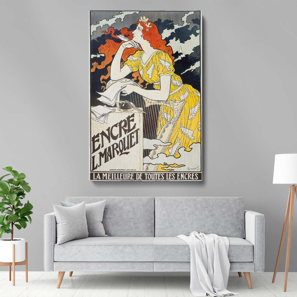 Encre L. Marquet framed canvas print, a 19th-century French advertisement poster designed by Eugene Samuel Grasset, featuring a poetic woman with quill and parchment, perfect for classic home offices, libraries, and vintage decor enthusiasts.
