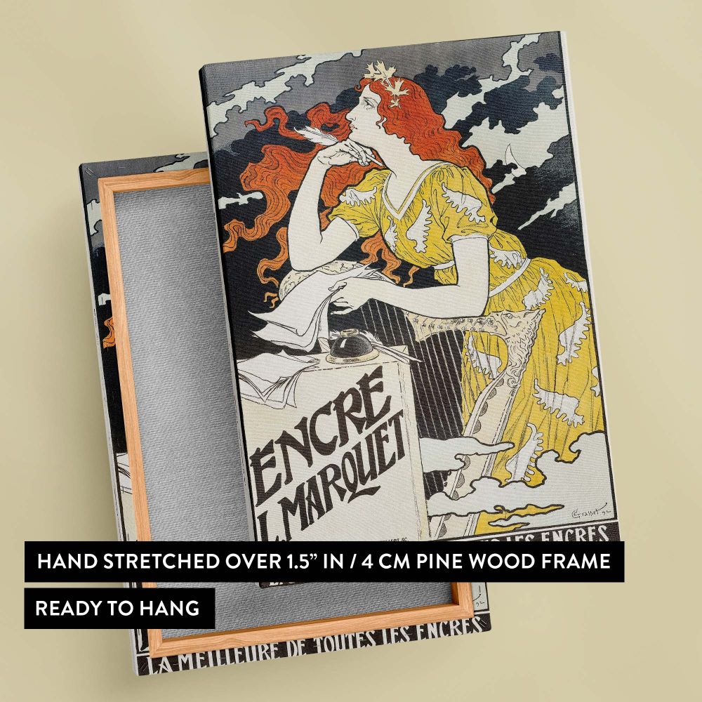 Vintage Encre L. Marquet 1892 poster art by Eugene Samuel Grasset, a breathtaking Art Nouveau print with a dramatic red-haired woman in a yellow gown, ideal as a framed wall decor piece for literary lovers, writers, and artistic interiors.