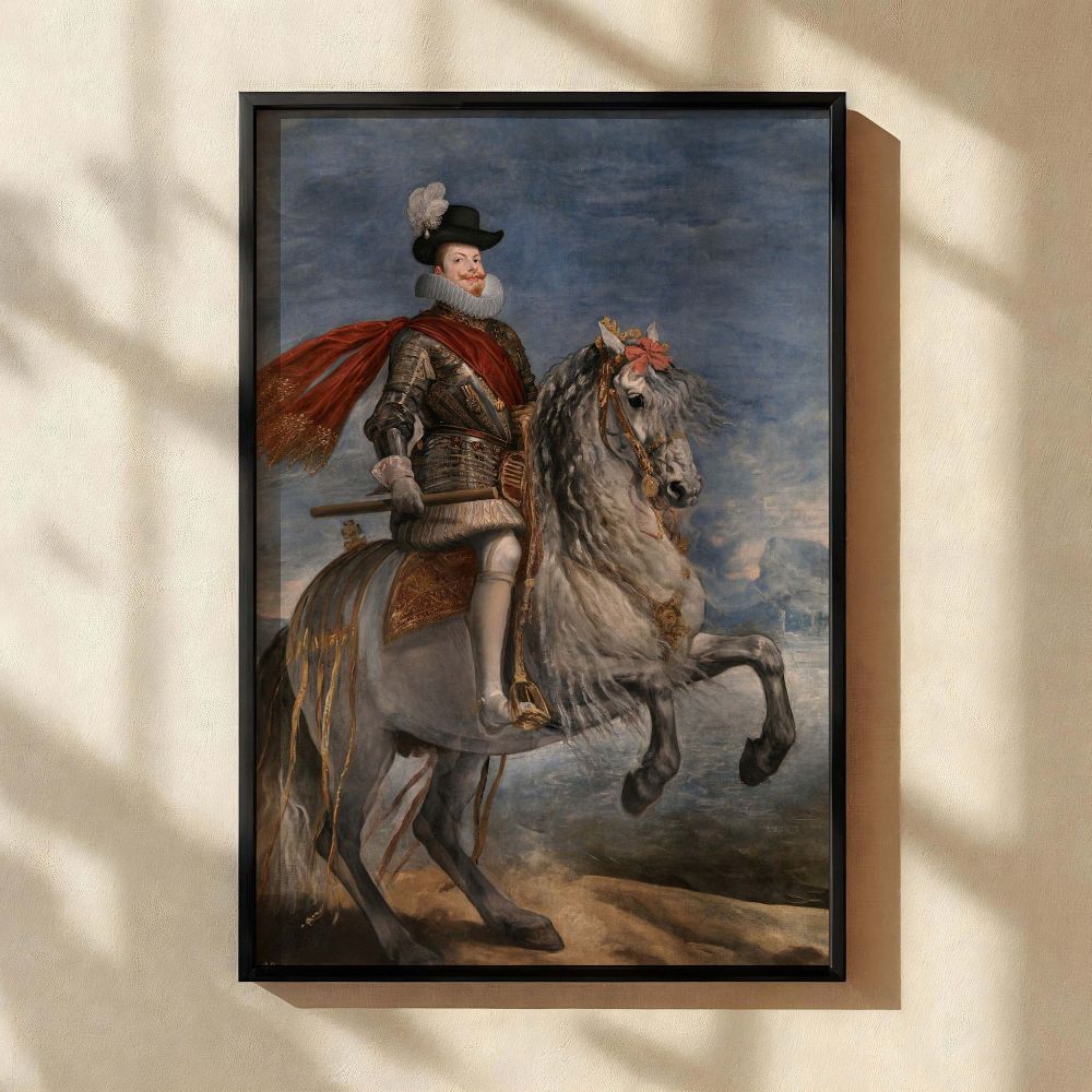 Equestrian portrait of King Philip III as canvas wall art by Velazquez shows royal authority and composure with baroque richness, a Spanish monarch posed on horseback with flowing attire and detailed armor in a striking blend of nobility and movement.