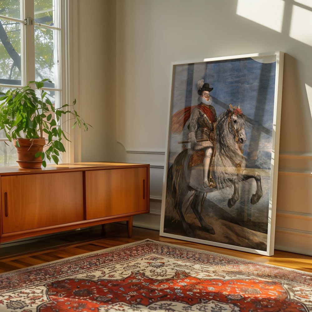 Canvas wall art of Philip III painted by Diego Velazquez presents the monarch in full regal command, wearing rich armor and a red sash while galloping under an open sky, an iconic image for admirers of noble portraiture and equestrian themes.