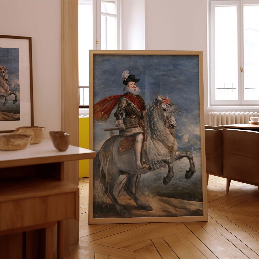 This stunning canvas wall art of King Philip III by Velazquez highlights equestrian portraiture with flowing detail and royal symbolism, turning your space into a celebration of historic Spain and baroque artistry.