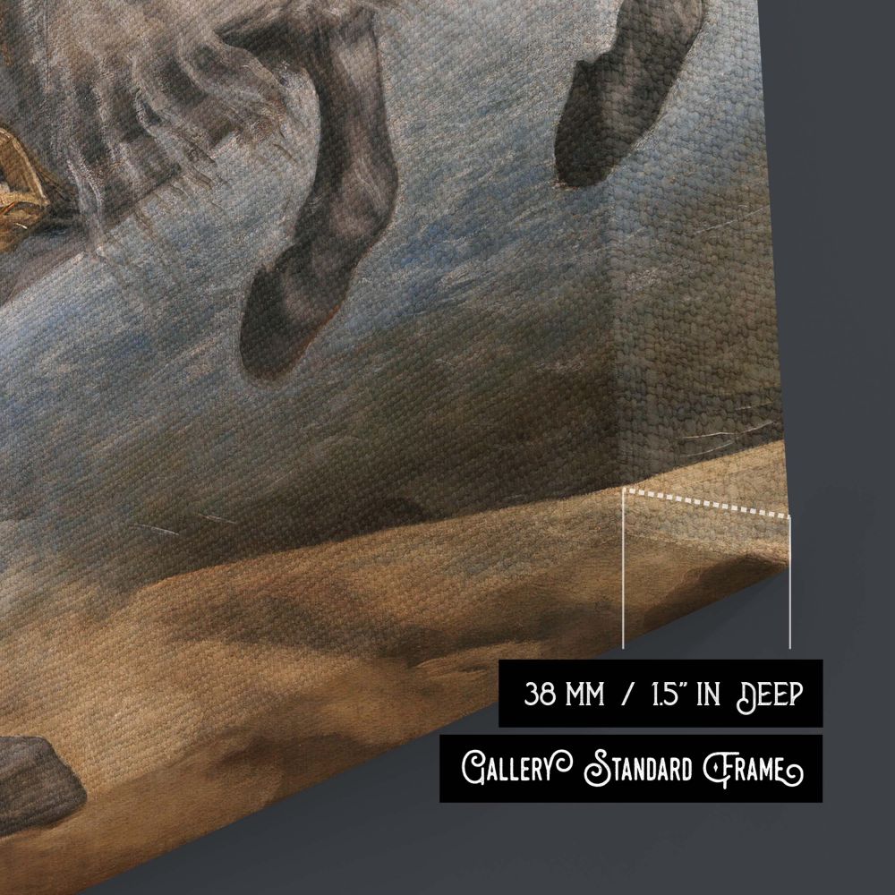 Featuring armor, motion, and royal elegance, this canvas wall art of King Philip III on horseback by Velazquez makes a powerful impression with detailed brushwork, classic form, and dramatic sky ideal for antique-themed or formal spaces.