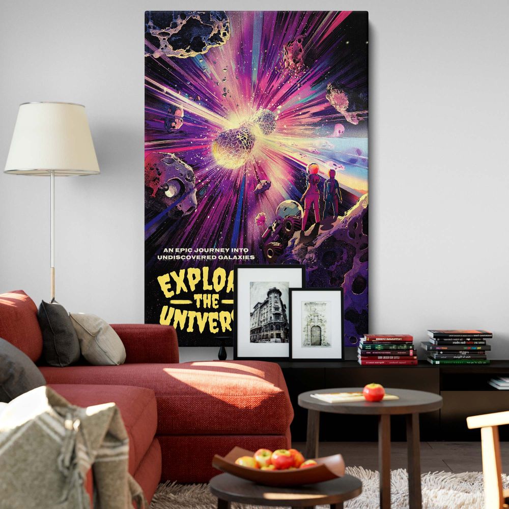 Futuristic wall canvas depicting two astronauts standing on an asteroid while observing a radiant explosion of light surrounded by colorful galaxies and asteroids, symbolizing the excitement and mystery of space exploration in a vibrant sci-fi design.