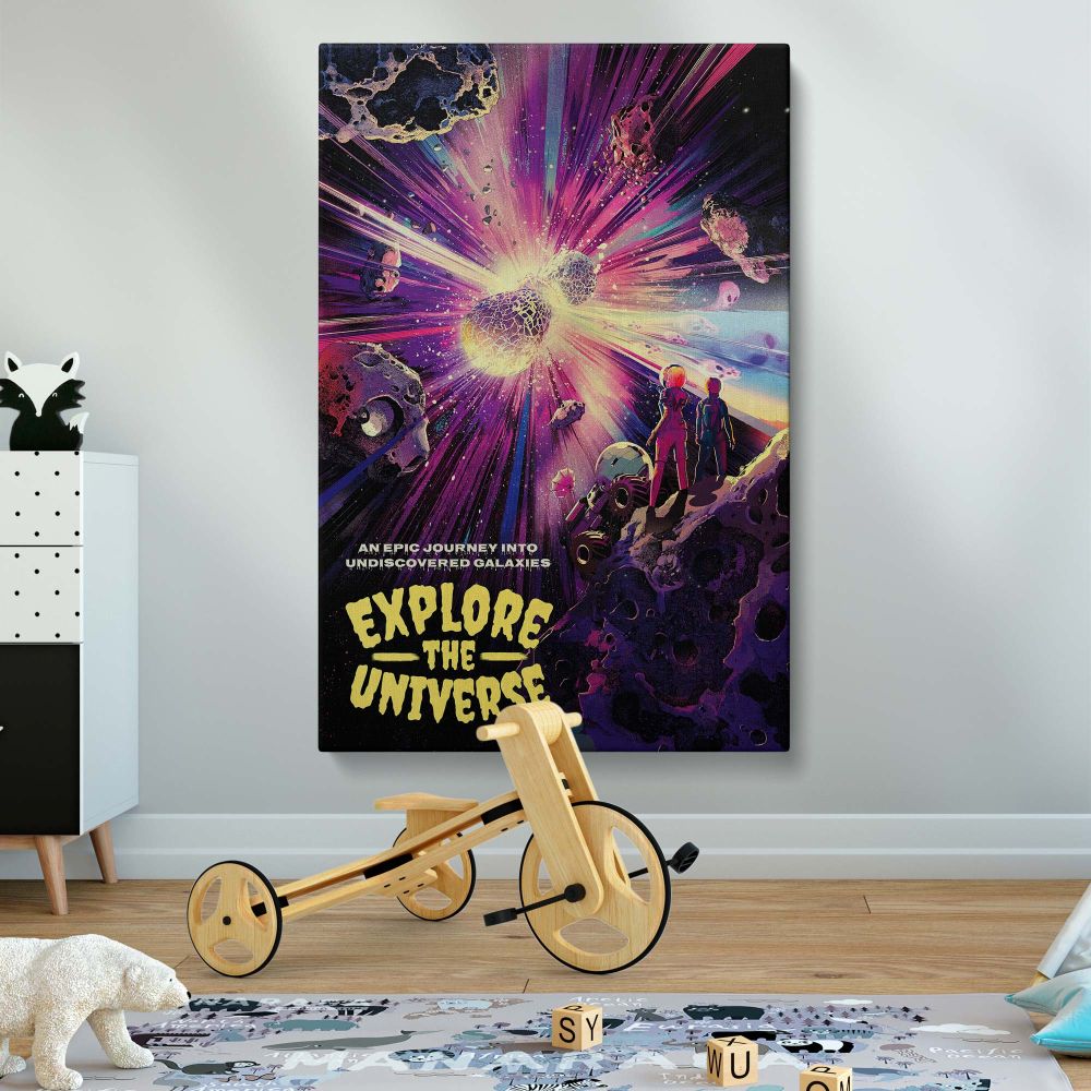 Sci-fi wall art featuring astronauts and a space rover on a rocky asteroid field, gazing at a dynamic burst of light with vivid purple, pink, and yellow tones, surrounded by galaxies and asteroids in a dramatic cosmic scene.