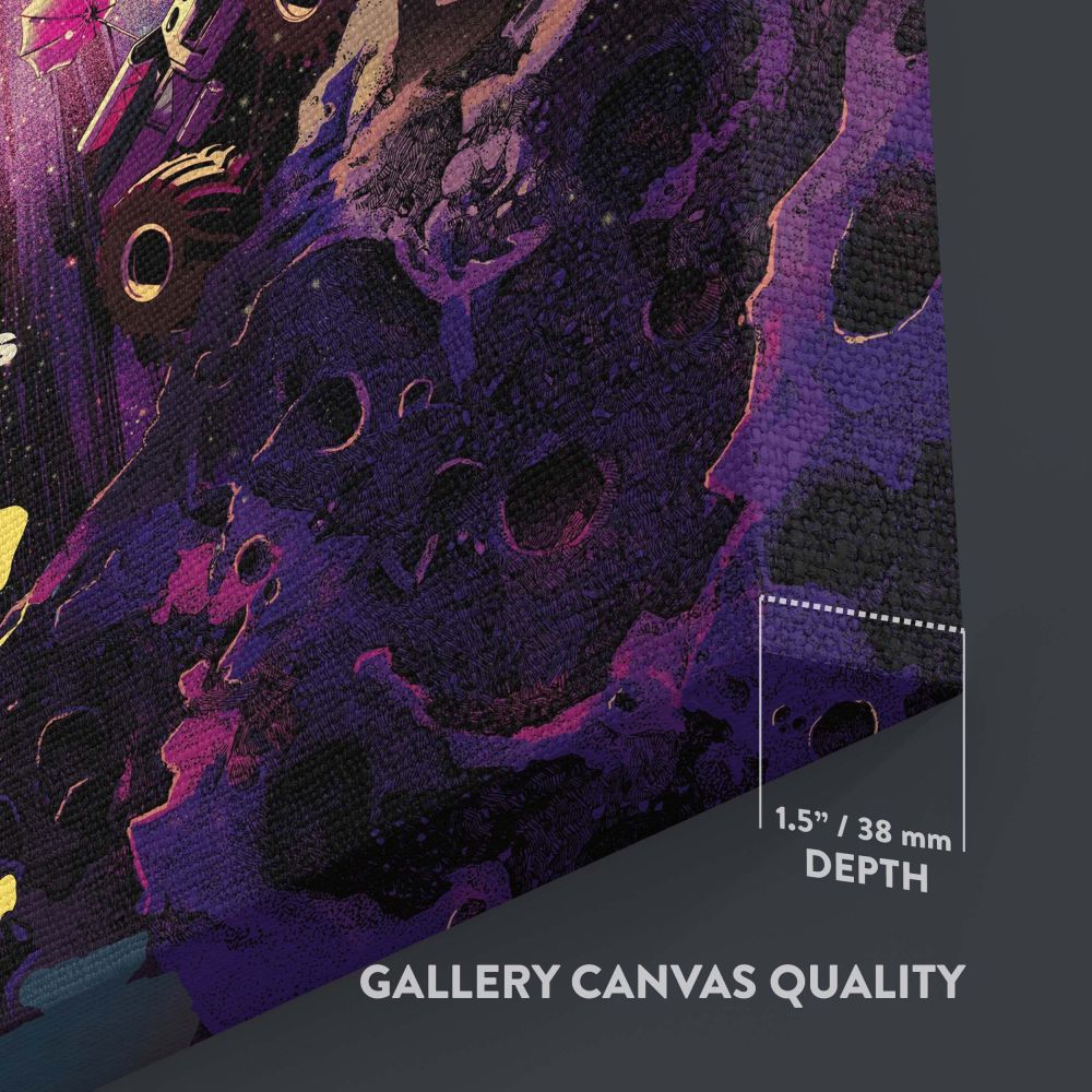 Bold cosmic wall canvas showcasing two astronauts exploring an asteroid field with a rover, illuminated by a stunning burst of light and energy surrounded by colorful galaxies, perfect for space lovers and sci-fi enthusiasts.
