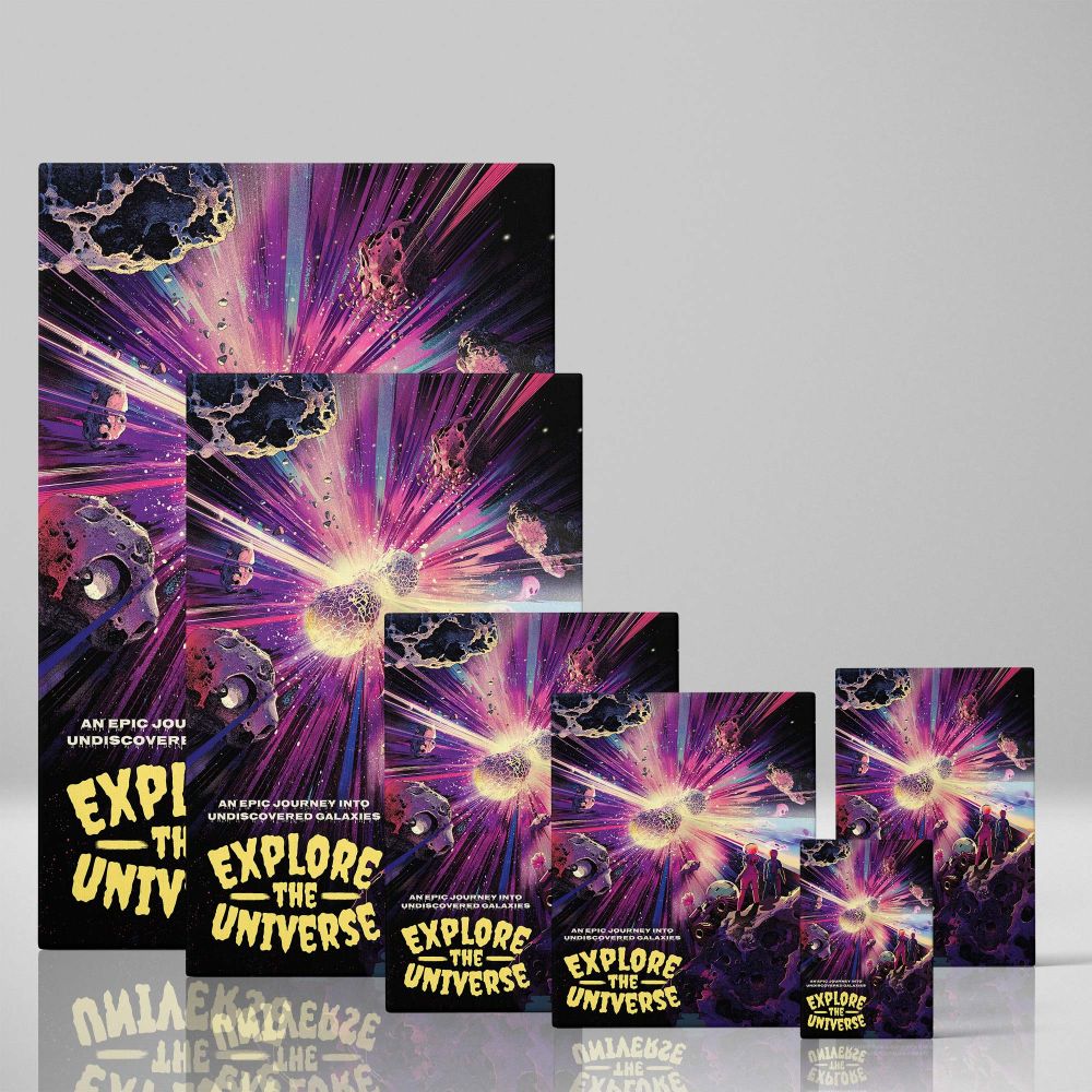 Vibrant space-themed artwork of astronauts on an asteroid field observing a luminous cosmic explosion with radiant light and colorful galaxies, blending sci-fi themes and imaginative art in a futuristic design for bold decor.