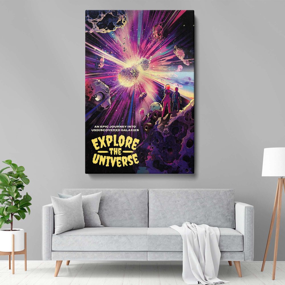 Astronauts exploring the universe depicted in a vibrant wall canvas featuring a radiant light burst surrounded by colorful galaxies, scattered asteroids, and vivid hues of purple and pink, celebrating the thrill of cosmic adventure.