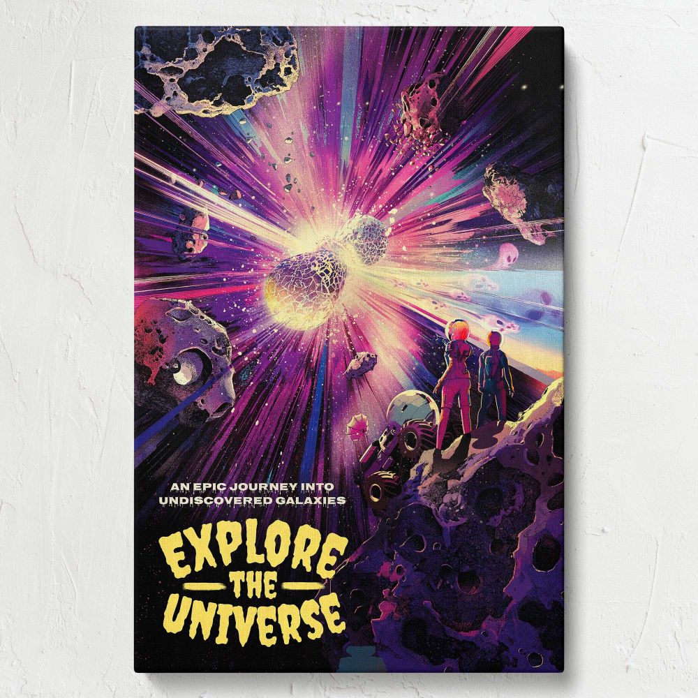 Cosmic wall canvas showing two astronauts and a space rover observing a colorful burst of light and energy surrounded by galaxies and asteroids, capturing the wonder and beauty of space exploration in a bold and creative design.