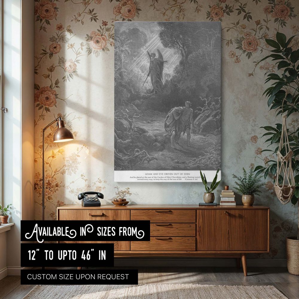 Canvas wall art showing Adam and Eve leaving the Garden of Eden with sorrowful expressions as a radiant angel guards the entrance with a flaming sword, captured in Gustave Dore's Genesis 3:24 engraving, perfect for reflective Christian decor.