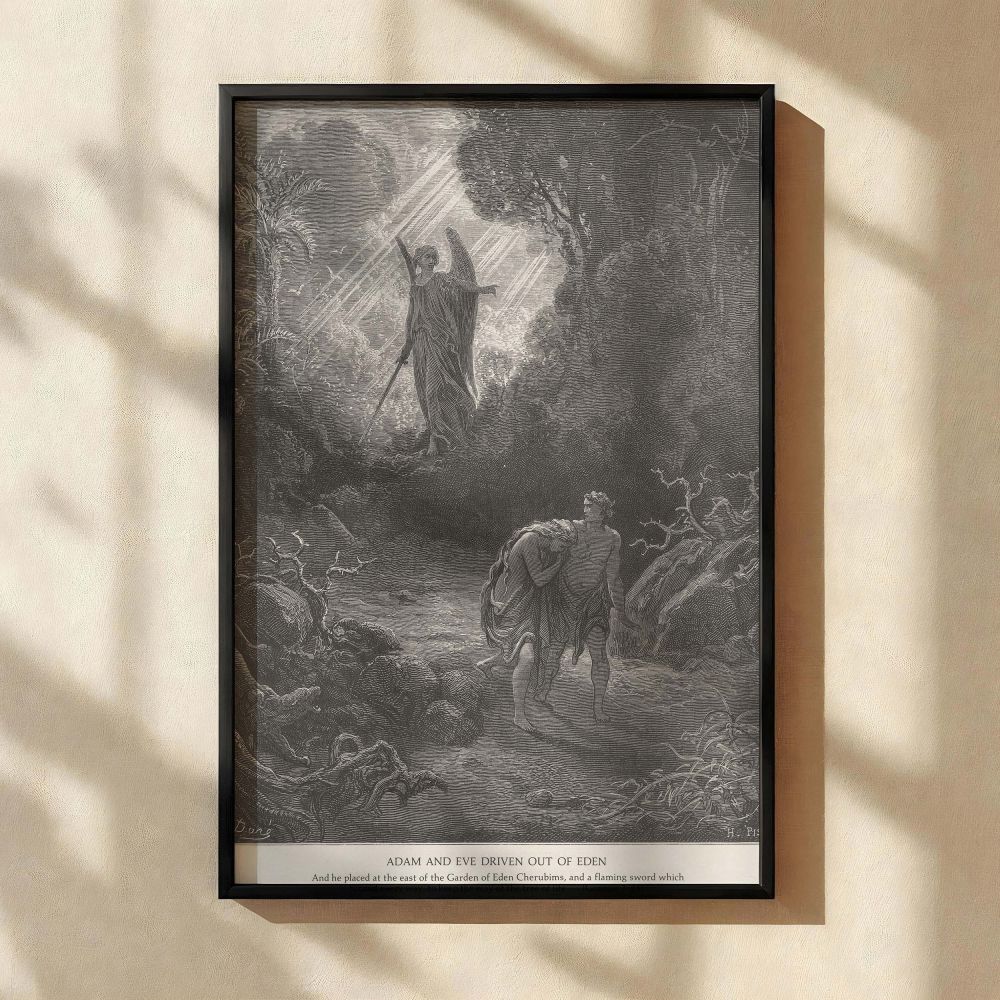 This canvas wall art features the dramatic expulsion of Adam and Eve from Eden as illustrated by Gustave Dore, with a glowing angelic figure guarding the gate with a sword, symbolizing the fall of man and the start of redemption.