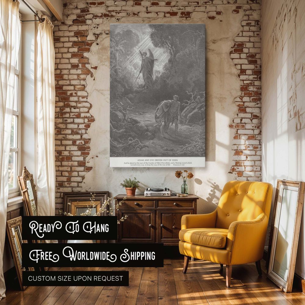 Gustave Dore's black and white canvas wall art captures Adam and Eve's exile from paradise as they walk in shame, watched over by a sword-wielding angel under divine light, an iconic biblical moment perfect for sacred home display.