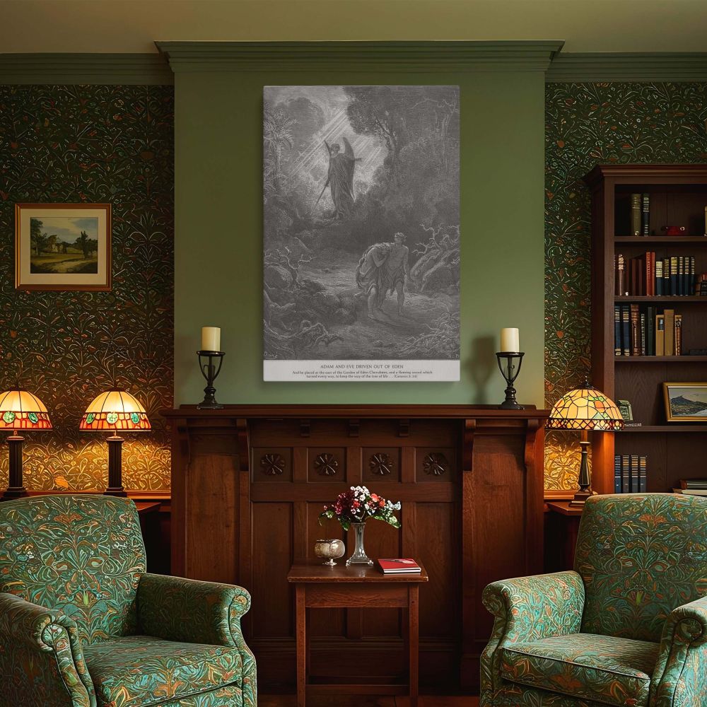 Canvas wall art of the biblical fall of man showing Eden's entrance guarded by a glowing cherubim and Adam and Eve leaving the garden in despair, a moving depiction of Genesis 3:24 brought to life by Gustave Dore's emotional engraving style.