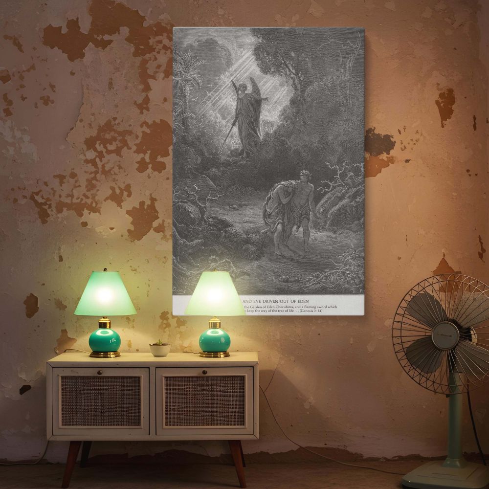 A powerful black and white canvas wall art print of Adam and Eve driven out of Eden with divine light surrounding the angelic guardian, symbolizing justice and separation as drawn by Gustave Dore, ideal for theological reflection spaces.