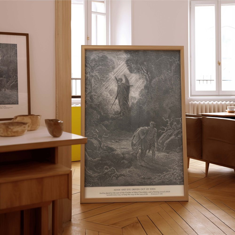 Featuring a sorrowful Adam and Eve exiting the lush Garden of Eden with a divine angel holding a flaming sword behind them, this canvas wall art by Dore represents the gravity of disobedience and the sacred loss of paradise.