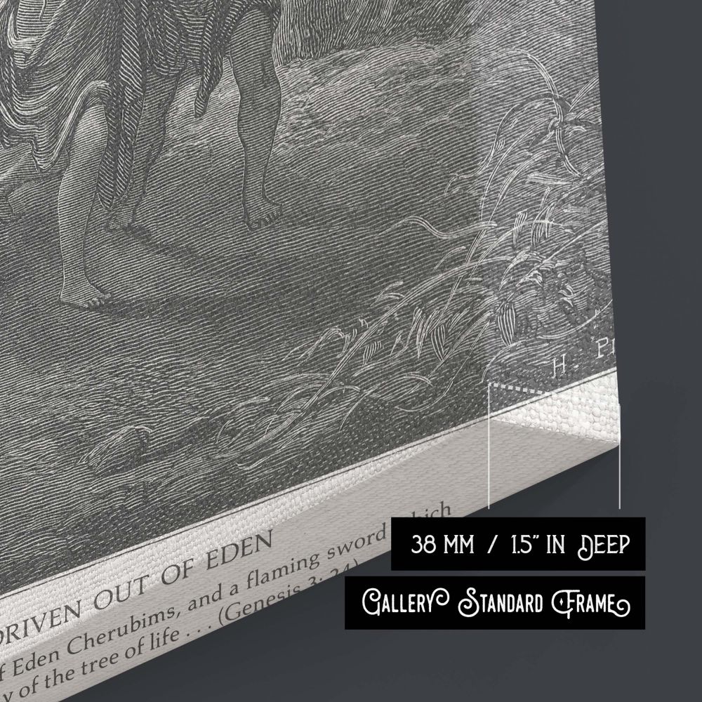 Canvas wall art based on Gustave Dore's engraving of Genesis 3:24 showing the moment mankind is banished from Eden, featuring divine light, guarded entrance, and emotional intensity perfect for spiritual home or church decor.
