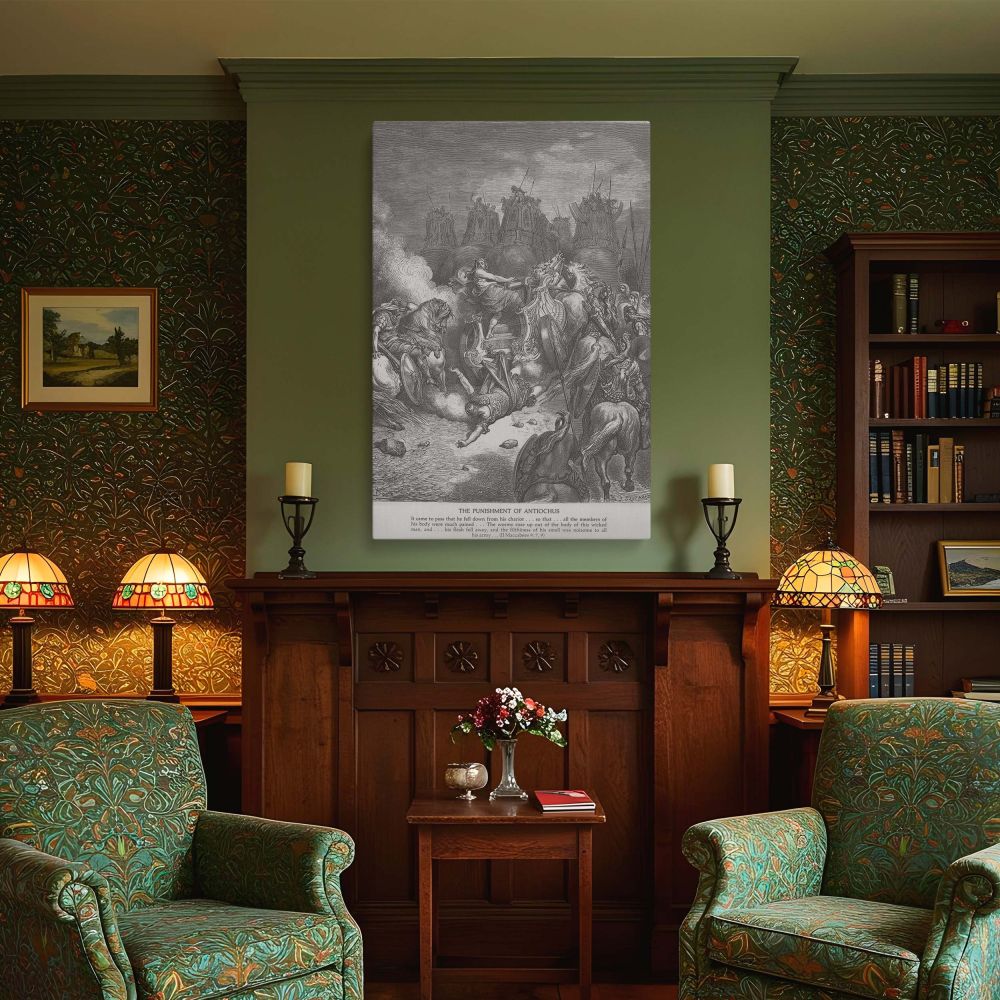 A powerful biblical collapse is portrayed in this Gustave Dore wall canvas, showing Antiochus cast down amidst a battle of horses, warriors, and chariots. His twisted form lies in the dust while panic spreads through his forces. The towering war elephants