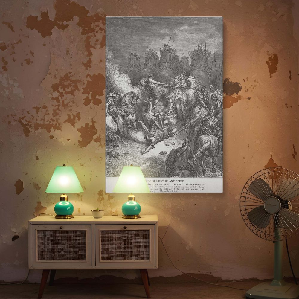 In this canvas, Dore captures the climactic fall of Antiochus as divine punishment is delivered amidst battlefield fury. Antiochus is shown under his chariot, surrounded by chaos-rearing horses, scattering soldiers, and towering elephants behind him. Smok