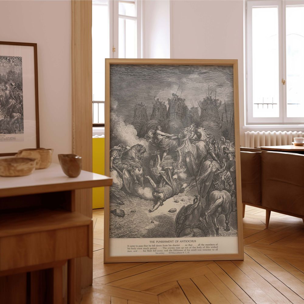 This wall canvas captures the fall of Antiochus with Gustave Dore's signature engraving style, where biblical punishment unfolds on a battlefield. Antiochus is flung to the earth, his chariot in collapse, while horses and armed men erupt into chaos. War e