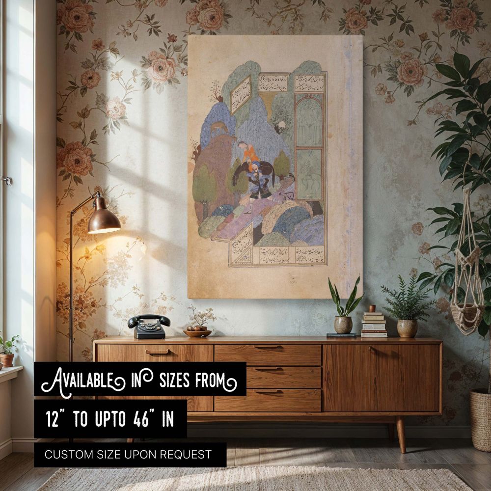 This Persian wall canvas captures the legendary moment when Farhad carries Shirin and her horse through a mountainous path, surrounded by richly colored hills, stylized trees, and traditional Persian calligraphy panels. The composition reflects a timeless