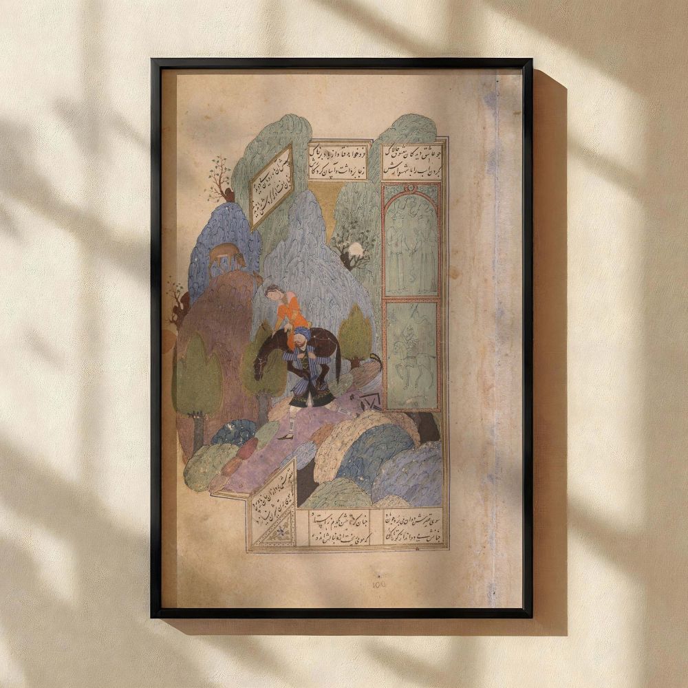 A magnificent Persian miniature wall canvas featuring Farhad carrying Shirin and her horse, portrayed with intricate design elements, including multicolored rocky mountains, flowing trees, and delicately rendered Persian calligraphy. The scene is framed i