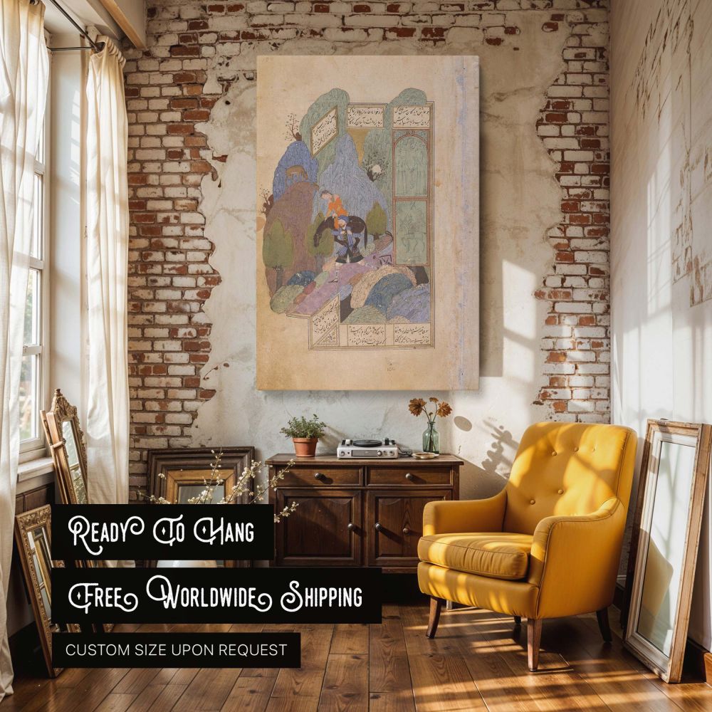 Beautifully composed Persian wall canvas illustrating the story of Farhad and Shirin, drawn from ancient literary traditions. This artwork presents a heartfelt scene where Farhad supports both Shirin and her steed over rugged terrain. The composition incl