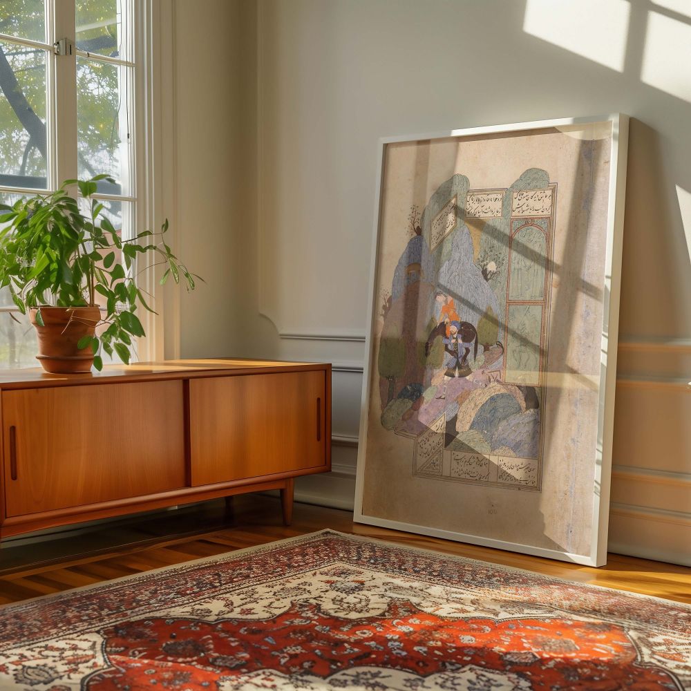 A classical Persian wall canvas featuring Farhad lifting Shirin on his shoulders with her horse, surrounded by stylized mountain textures and framed Persian text panels. Rendered in a palette of muted blues, greens, and purples, the artwork balances elega
