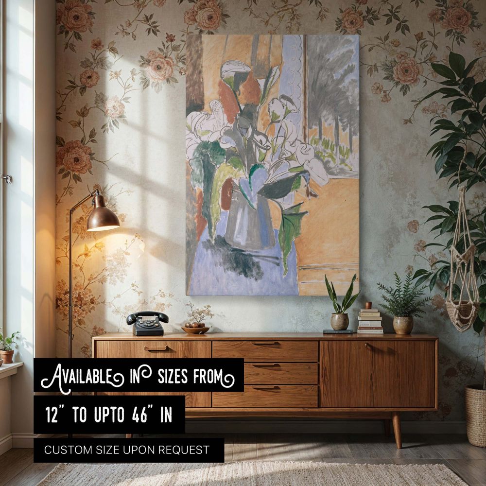 Wall canvas print of Bouquet of Flowers on a Veranda by Henri Matisse, showcasing a floral still life with expressive brushwork and simplified shapes. The scene features a bouquet of calla lilies in a grey vase placed on a soft blue tablecloth beside a su