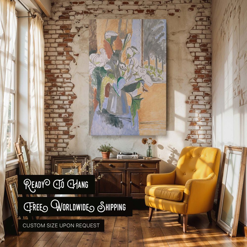Henri Matisse wall canvas print of a flower arrangement on a veranda, combining stylized forms and vibrant color blocks. The bouquet of lilies is drawn with minimal outlines in a vase resting on a blue table. A backdrop of orange-toned walls and grey tree