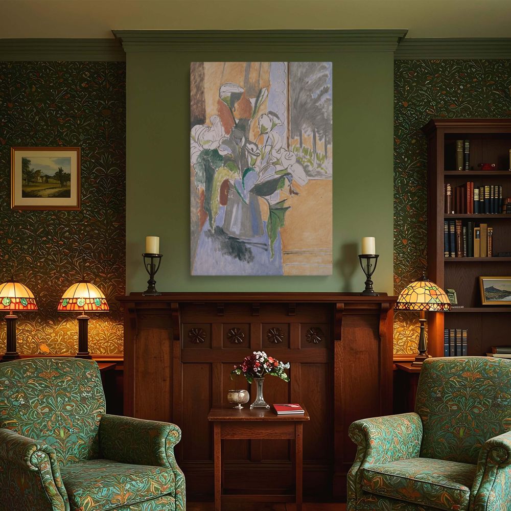 Bright and expressive floral wall canvas featuring a still life by Henri Matisse, depicting a vase of white lilies on a veranda table with a scenic window view. The artwork uses blue, peach, and green tones to create a modern yet intimate setting. Bold li