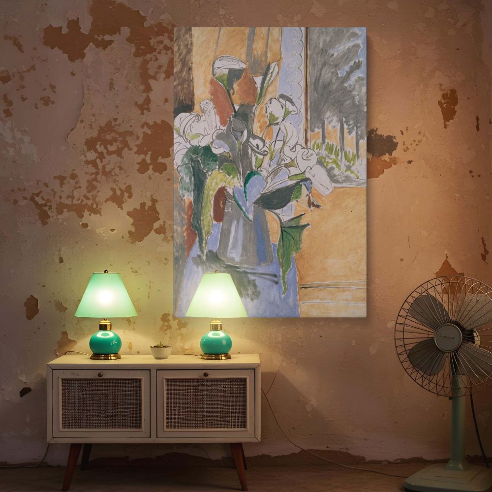 Reproduction wall canvas of Henri Matisse's Bouquet of Flowers on a Veranda, showcasing a joyful arrangement of white calla lilies in a broad vase. The flowers sit on a blue tabletop in front of a golden-toned wall and open window. Beyond, trees and sky a
