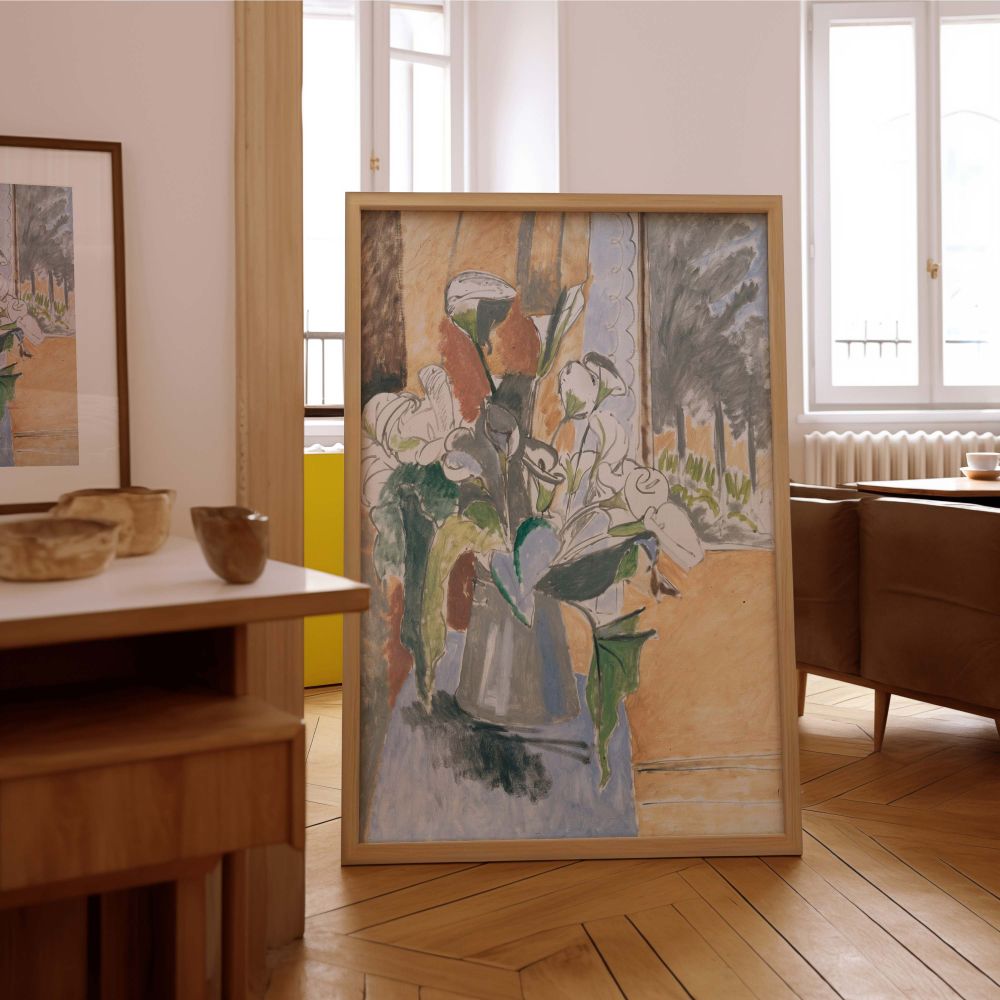 Wall art canvas of a flower still life by Henri Matisse, showing a loosely painted bouquet in a tall vase on a veranda. The composition is framed by a soft blue table and warm orange background, with trees visible outside. Matisse's abstract floral interp