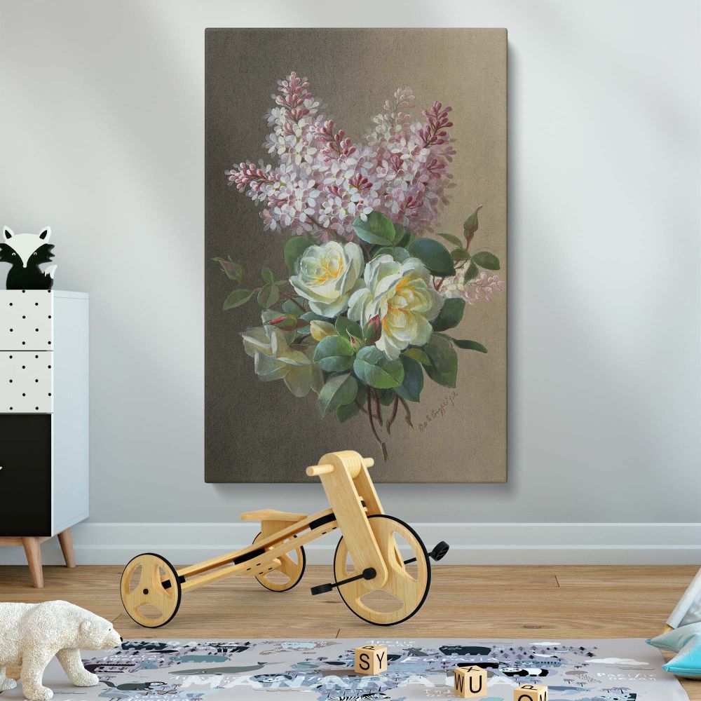 Romantic floral vintage painting canvas print of Flowers: Roses and Lilacs by Paul de Longpre, a refined and elegant botanical masterpiece printed on premium gallery-wrapped canvas, ready to hang in traditional homes, or botanical-themed rooms.