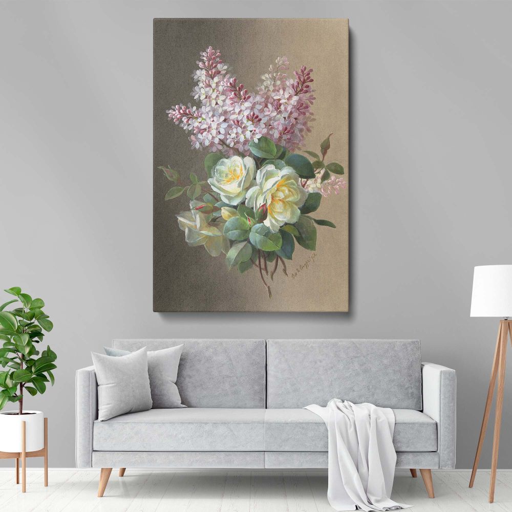 Victorian-era floral artwork on canvas, depicting soft yellow roses and pastel lilacs in a graceful arrangement, a Paul de Longpre masterpiece brought to life with rich tones, perfect for floral enthusiasts and collectors of botanical art prints.