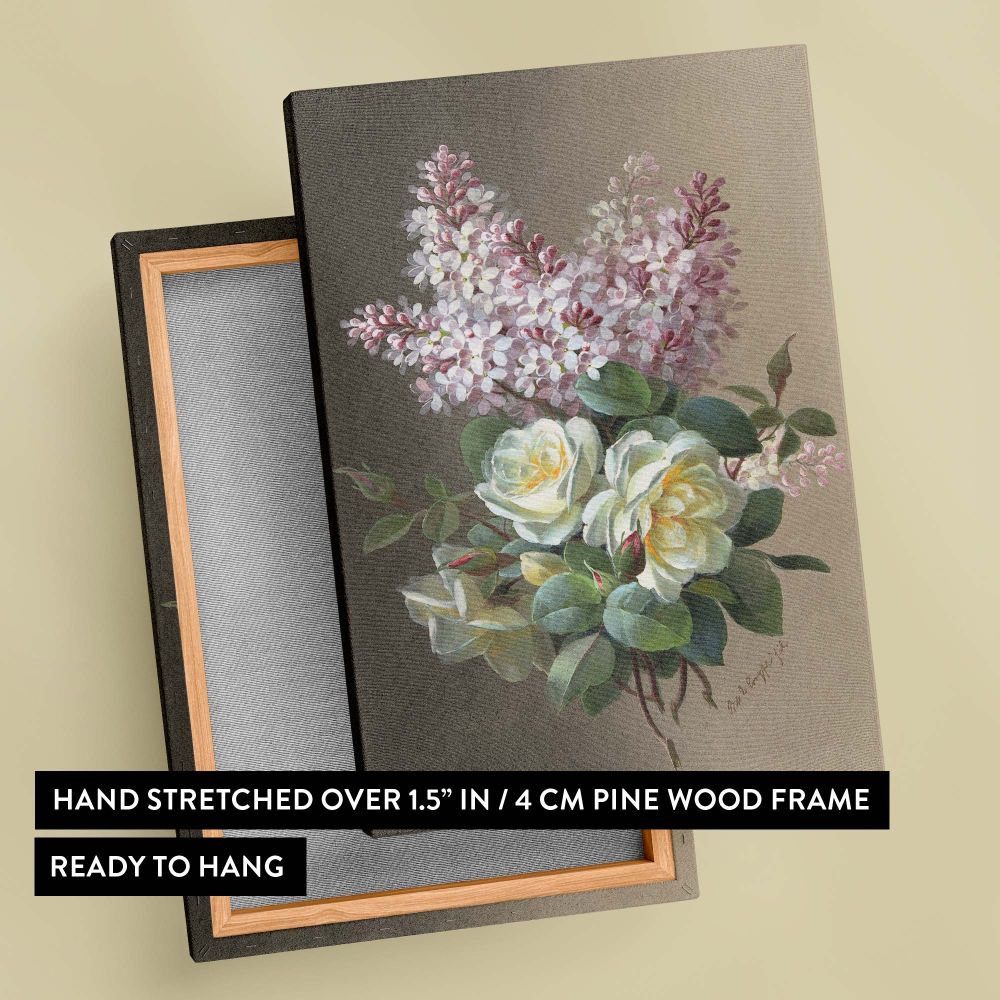 Large canvas wall art featuring Flowers: Roses and Lilacs, a stunning botanical painting with a soft and elegant vintage touch, printed with superior detail & color accuracy, ready to enhance traditional, French country, or garden-inspired home decor.