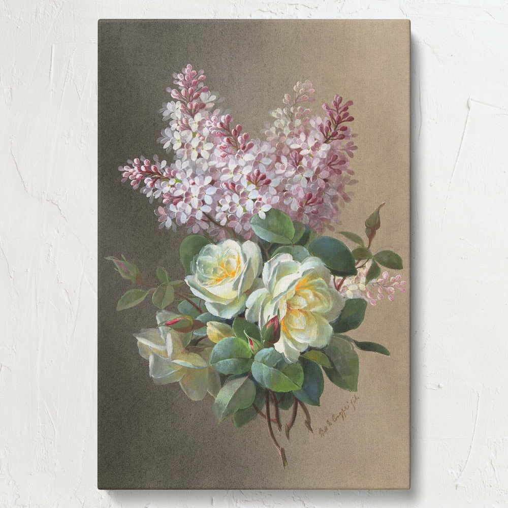 Museum-quality floral art print of pastel lilacs and yellow roses, an expressive and timeless botanical painting by Paul de Longpre, beautifully reproduced on gallery-wrapped canvas, a perfect decor piece for classical and romantic-themed interiors.