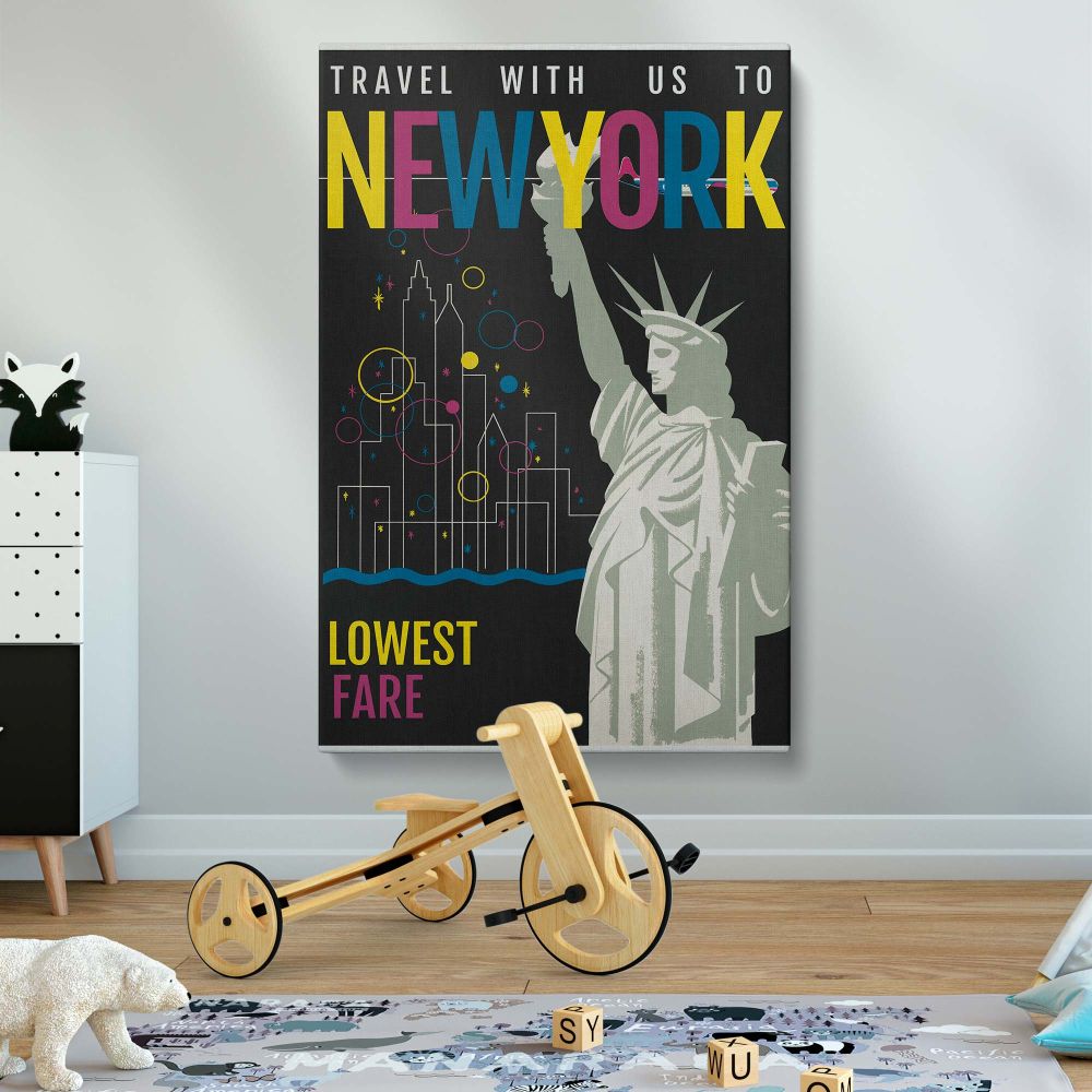 Artistic New York-themed wall canvas showcasing the Statue of Liberty alongside a geometric city skyline with bright circular and star-shaped accents, set against a deep black backdrop, perfect for retro travel-inspired decor.