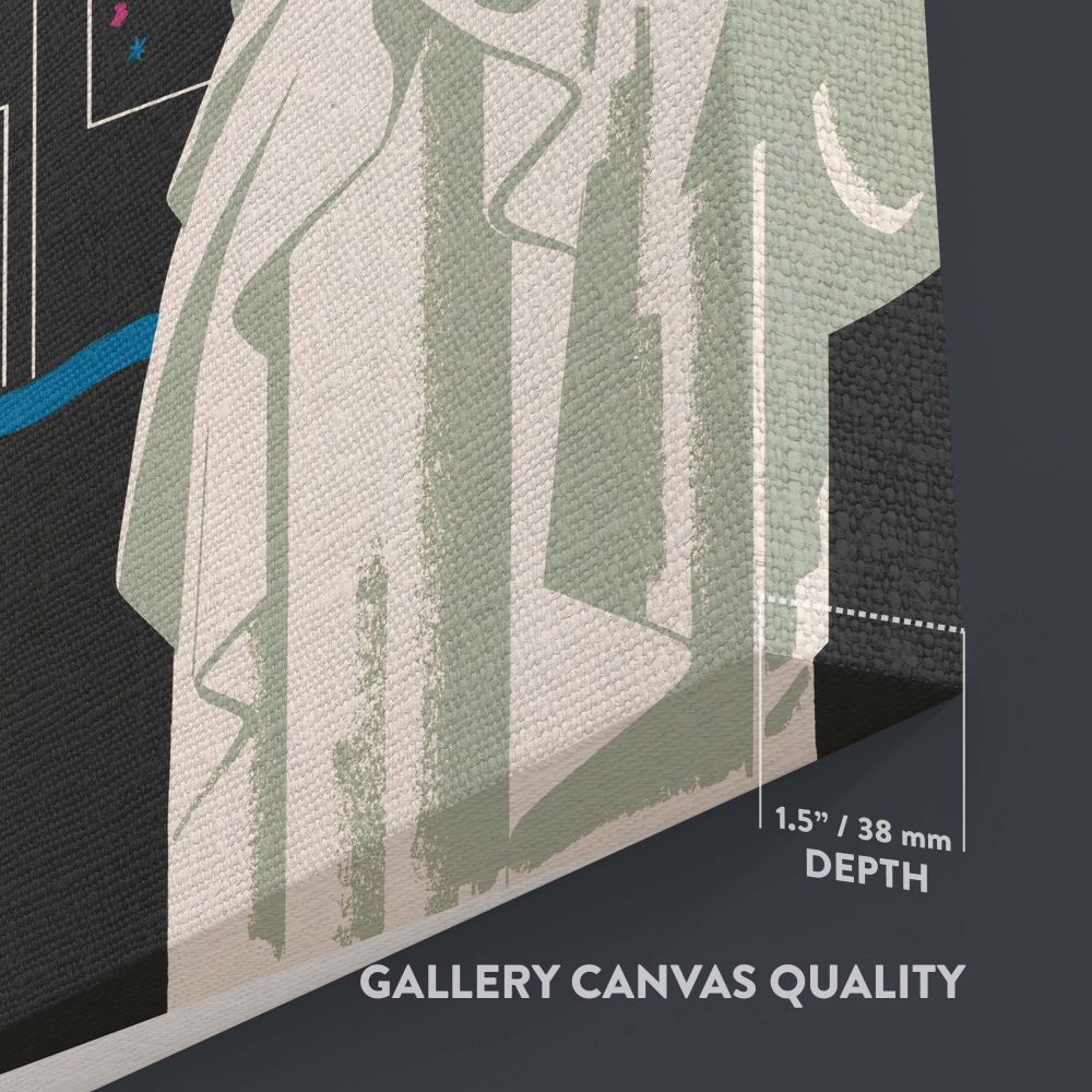 Modern retro wall art of New York City featuring the iconic Statue of Liberty with colorful abstract circles and a stylized city skyline in geometric white lines, set on a bold black background, blending vintage and modern aesthetics.