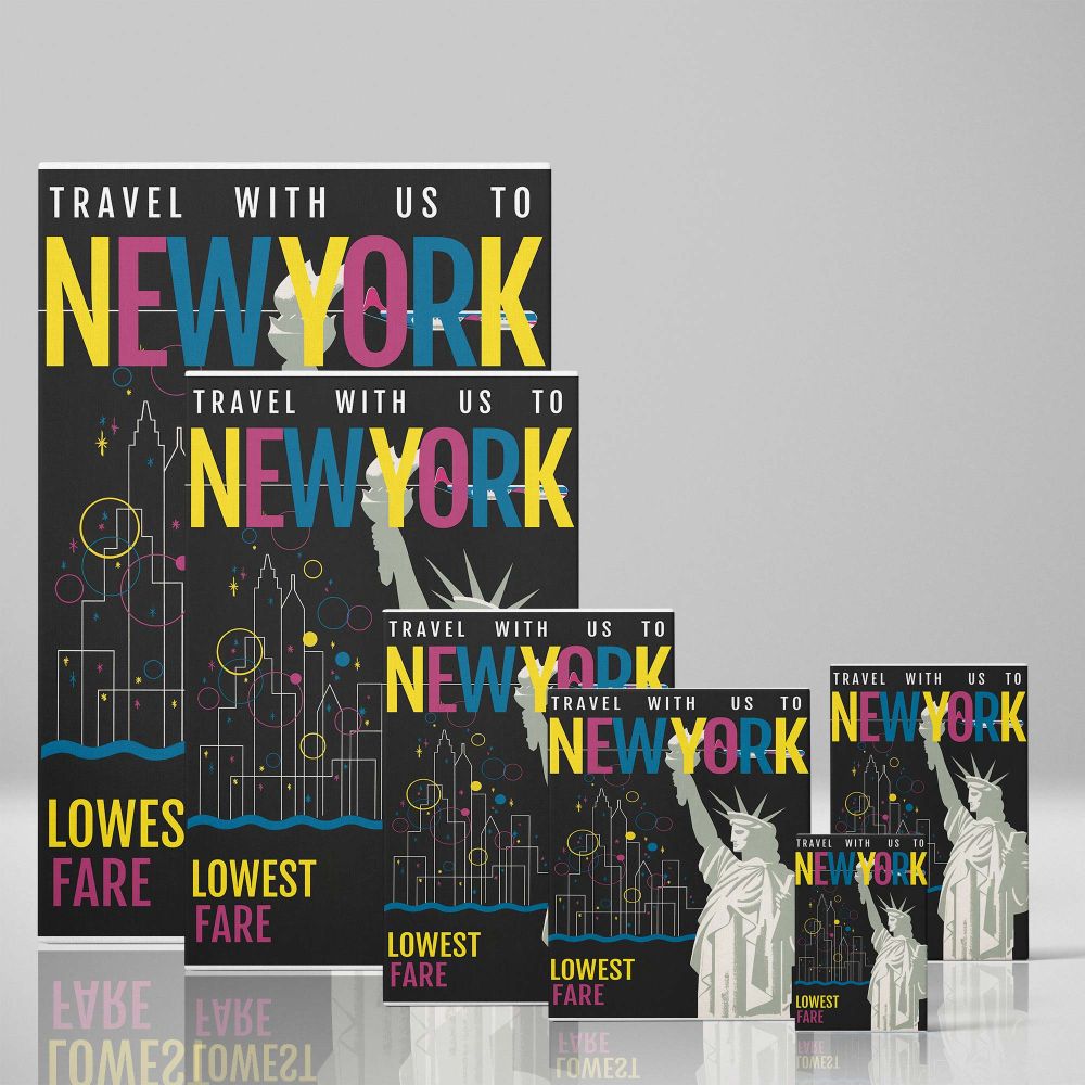 Vibrant wall canvas illustrating the Statue of Liberty with a colorful urban skyline, abstract geometric details, and a sleek black backdrop, combining retro travel poster style with a playful modern twist for bold city-themed decor.