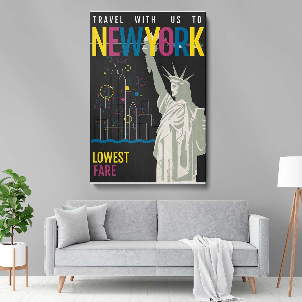Travel-inspired retro wall art with the Statue of Liberty in white, a dynamic NYC skyline with geometric lines, and bright colorful circles on a black background, creating a striking and lively piece for fans of modern and vintage design.