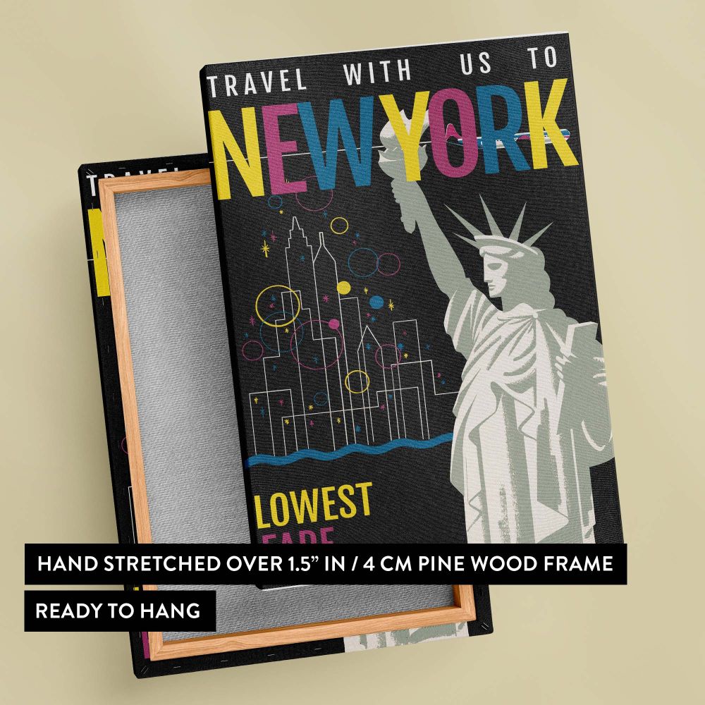 New York City wall canvas featuring a bold artistic design of the Statue of Liberty with a colorful abstract city skyline and playful geometric accents, set against a black background for vibrant retro-inspired decor.