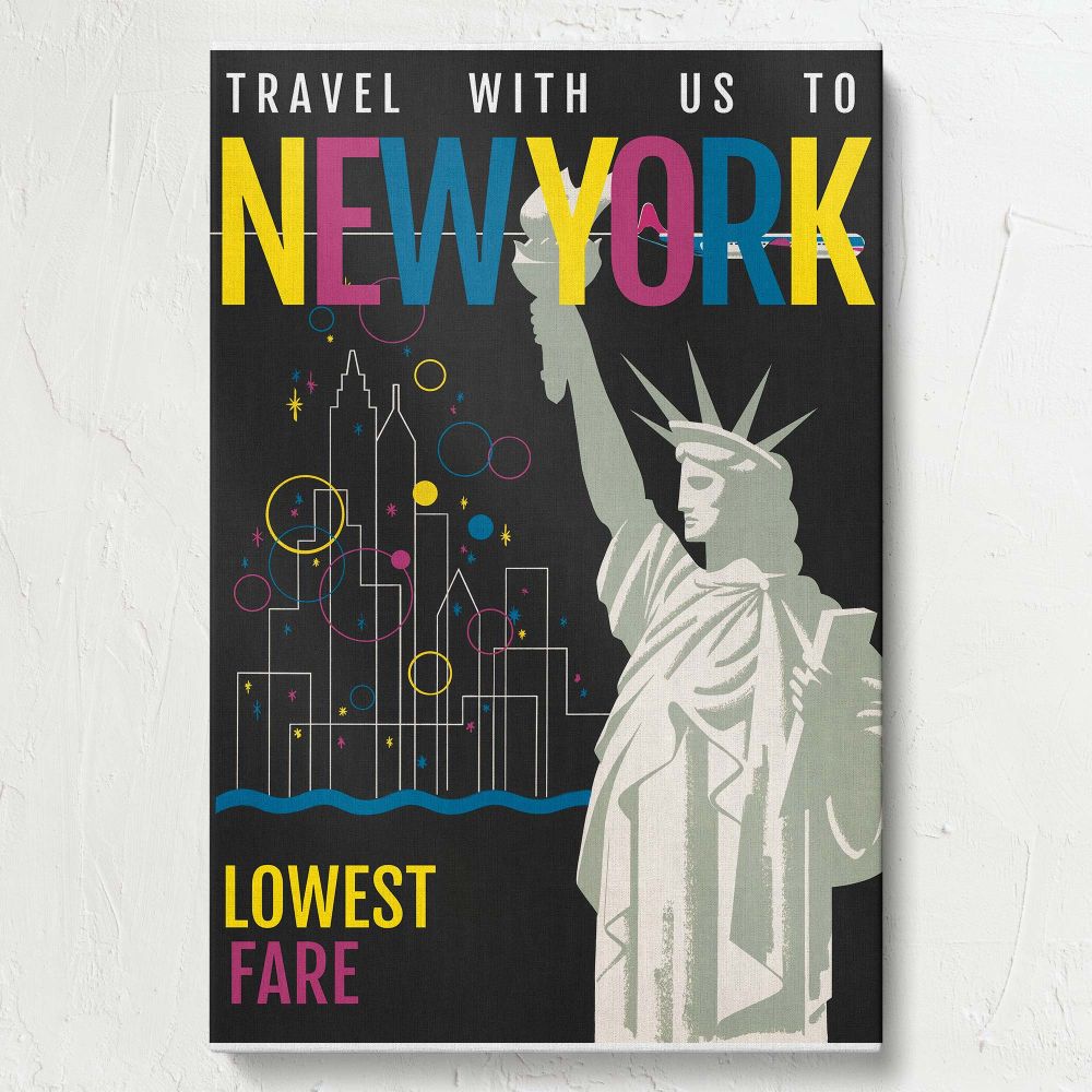 Retro-style NYC-themed wall art highlighting the Statue of Liberty with colorful abstract shapes, a white geometric city skyline, and a sleek black background, celebrating New York's iconic landmarks and urban charm.