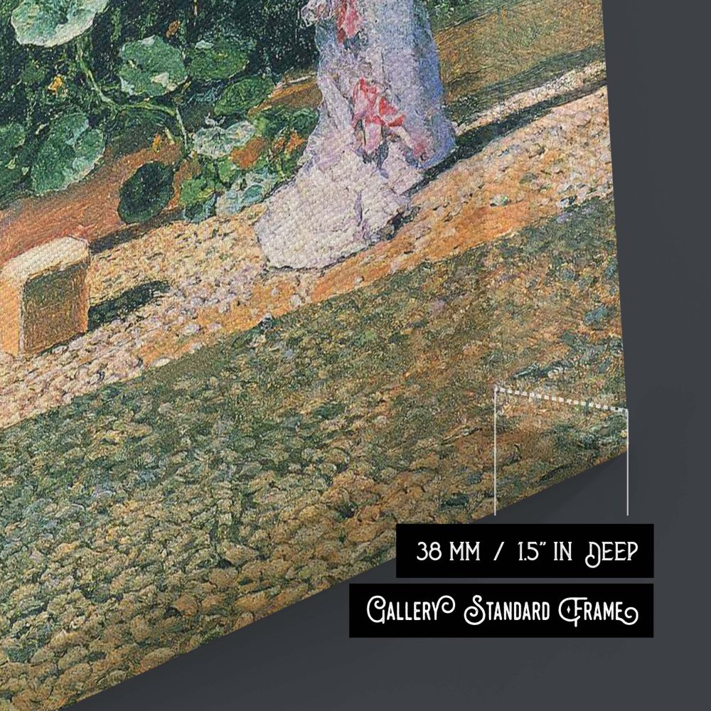 A peaceful garden scene with a woman in white holding a red umbrella walking through a walled courtyard in Mariano Fortuny's 